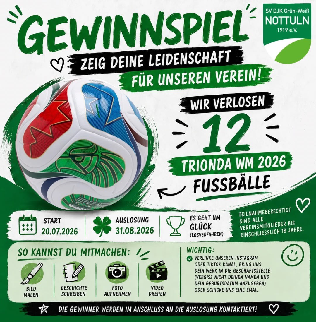 Gewinnspiel-Plakat für einen Original Trionda WM 2026 Fußball bei Grün-Weiß Nottuln